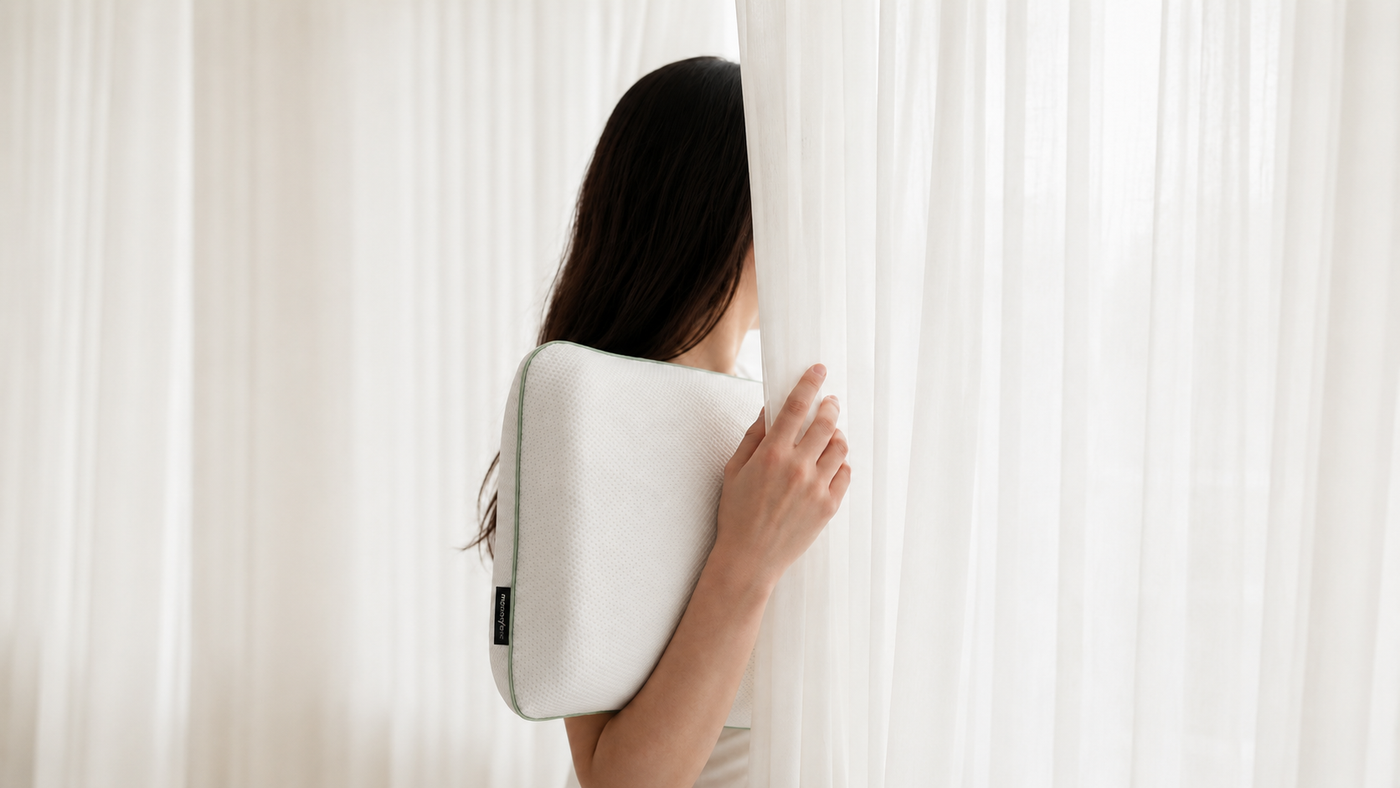Close-up of MemoryOne Hybrid Pillow fabric and brand label